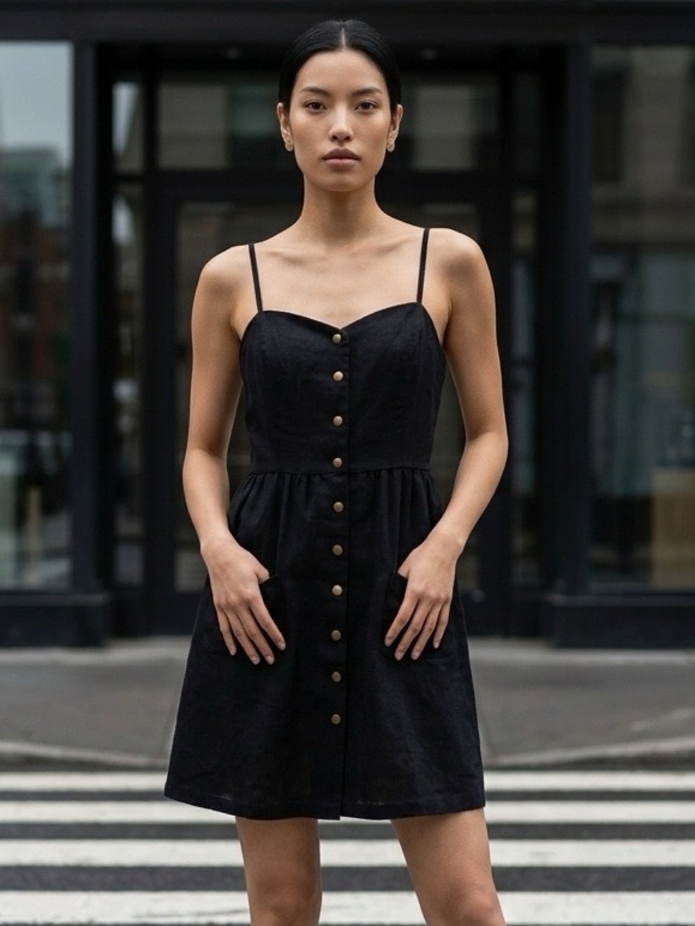 Cope Medium Black Linen Blend Button Front Pocket Mini Dress